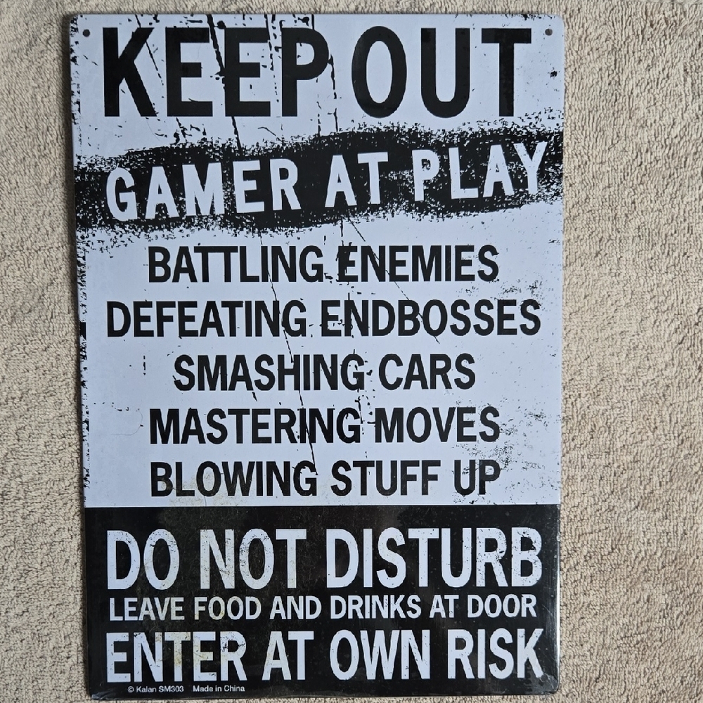 Gamer At Play Metal Sign - Black and White
